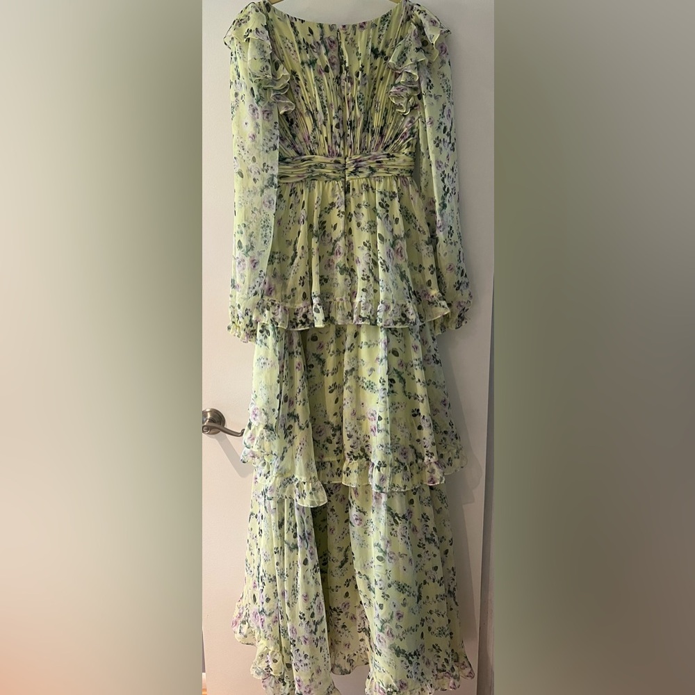 Mac Duggal Tiered A Line Long Sleeve Chiffon Gown Green Floral Maxi Sz 4 - Picture 5 of 15